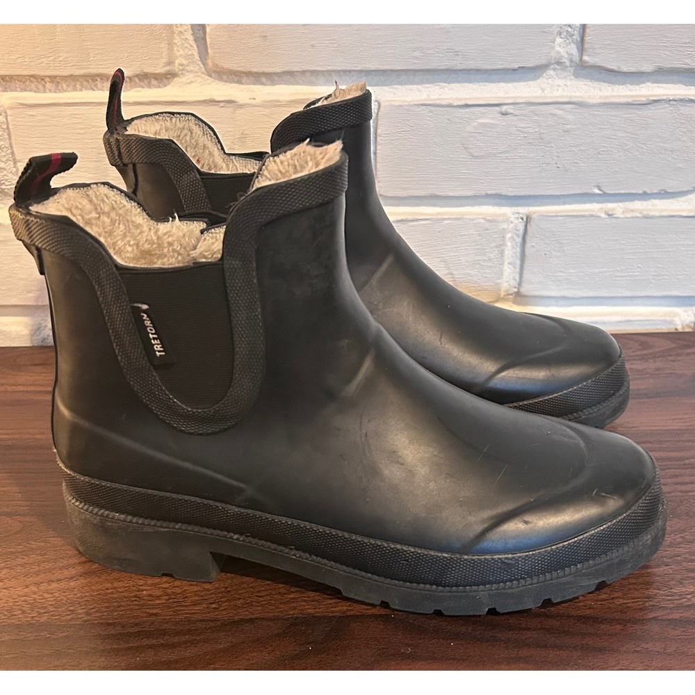 Tretorn Lina Black Rubber Faux Fur Lined Chelsea Rain Boots Womens 8M Hygge Warm